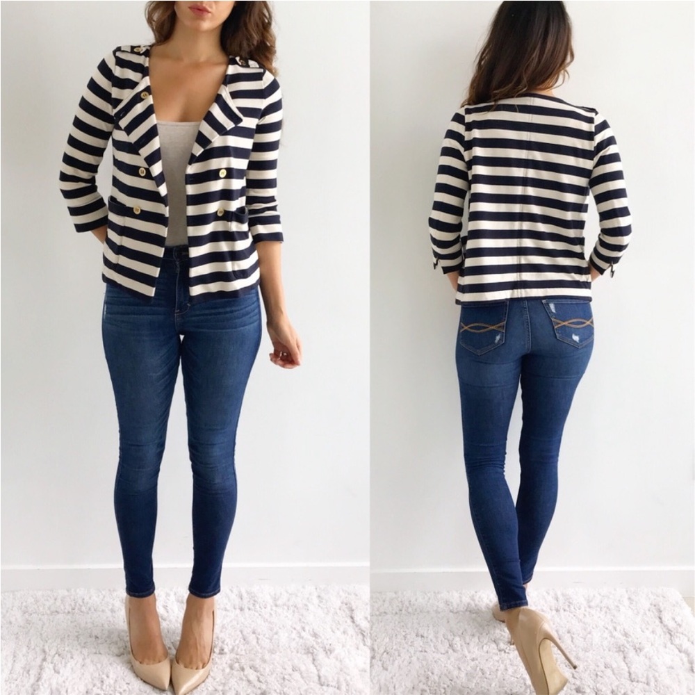 Navy and White Striped Double-Breasted Women’s Blazer
